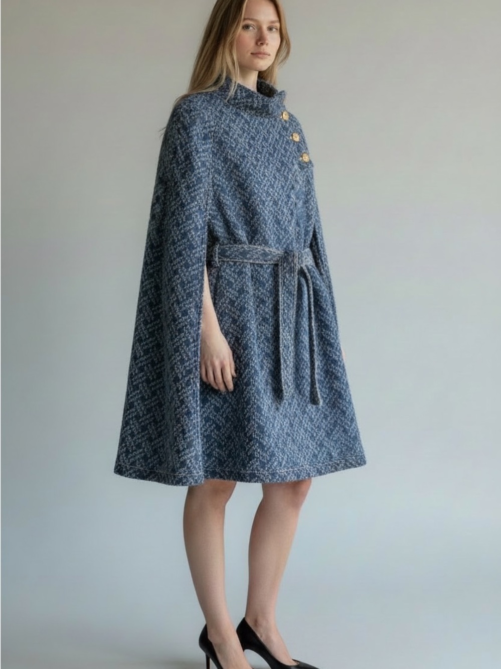SHEIN Blue Tweed Cape Dress with Self Tie Belt